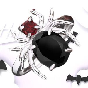 Sterling Silver Spider Ring .925 Red & Black Gems Adjustable 6-9​